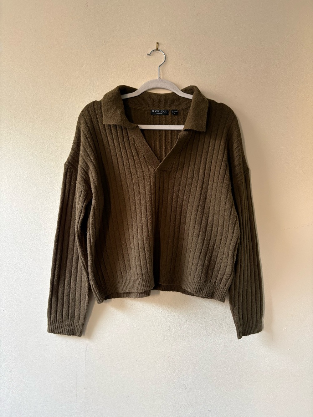 Brave Soul London Ribbed Collared Knit Sweater - Olive Brown